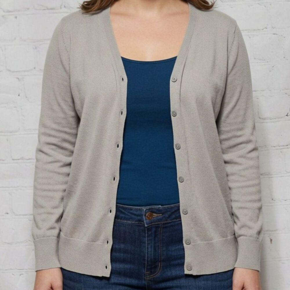 LOFT Light Gray Button Front Cardigan Sweater Size Medium 100% Cotton